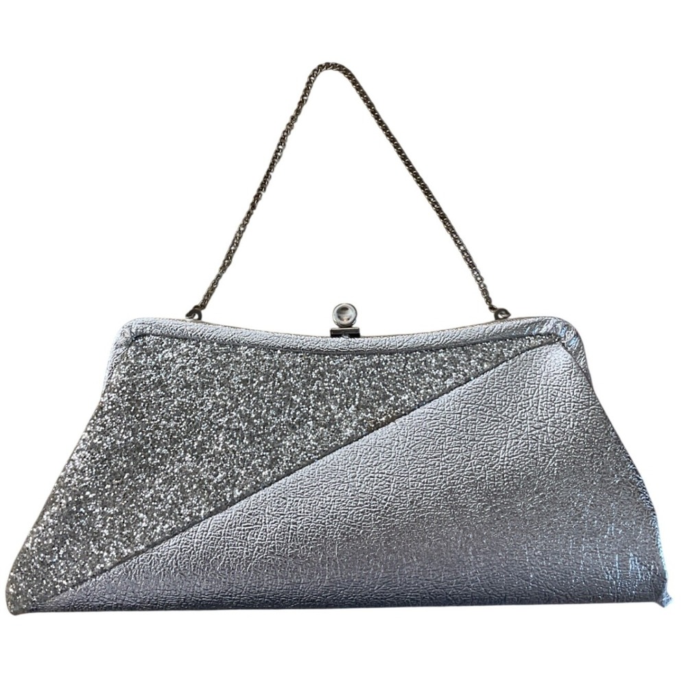 Vintage Unbranded Silver Clutch Bag Glam Retro Formal Sparkly Evening Purse